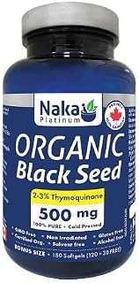 Naka Platinum Organic Black Seed 500mg extra strength cold pressed, thymoquinone Bonus Size 150 Softgels (120 + 30 FREE))