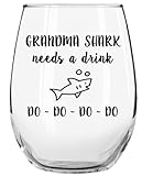 Grandma Shark Needs a Drink Do Do Do Do Funny Novelty Libbey Stemless Wine Glass with Sayings - Gifts for Grandmas - Birthday, Christmas, Mothers Day Gifts