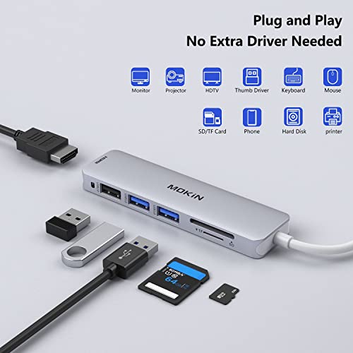 Adaptador USB C Hub HDMI para MacBook Pro 2019/2018/2017, MOKiN 5 em 1 Dongle USB-C para HDMI, leito