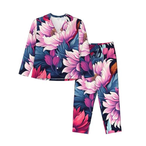 Pyjama floral violet femme ensemble de détente classique boutonné