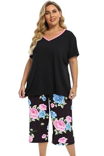Image of Vozanet Women's Pajamas Set Soft V Neck Sleepwear Top and Capri Pj Lounge Sets Cartoon Heart Shape Cat Nighty Plus Size