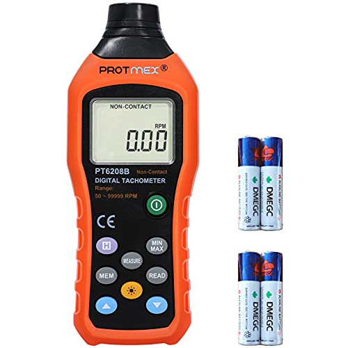Protmex Non-Contact Digital Tachometer, 50-99,999 RPM High Precision Laser Photo Tachometer Tester with Max Min AVG Backlight Data Hold Functions, PT6208B