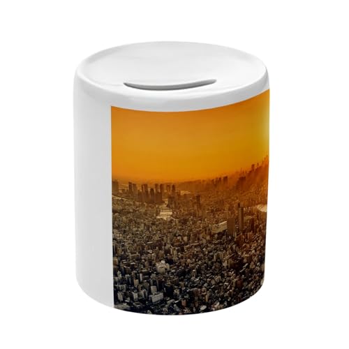 Salvadanaio in ceramica bianca – Soleil Tombe sur la City Tokyo Japan – Scatola portamonete con tappo decorazione camera stampata in Francia