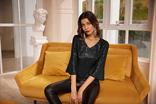 Sequin Tops For Women Shiny Metallic Sparkly Glitter Party Tops Tunic Black L #TOP5