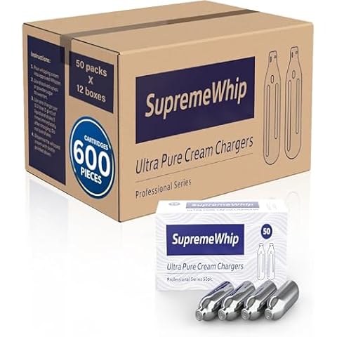 SupremeWhip 600 Ultra-Cream Chargers - Cartridges for Whipped Cream Dispenser - Food Grade Gas, 8.2g - Pack Ideal for Cocktails - Bar Set and Accessories Cover