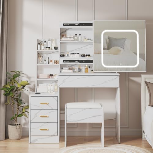 Vanity Desk with Sliding Mirror and Lights, Makeup Vanity Set with 4 Drawers, Stool, Power Outlet, Open Shelves, 3 Color Adjustable Lighting Modes, Makeup Dressing Table for Bedroom, Marble-White