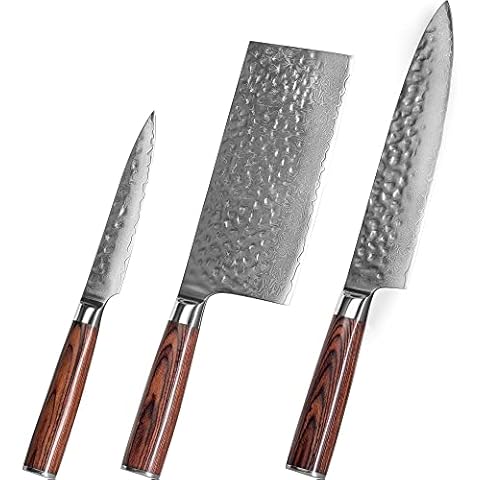 3 Piece Damascus Kitchen Knife Set - including Chef's Knife, Cleaver and Paring Knife Cover