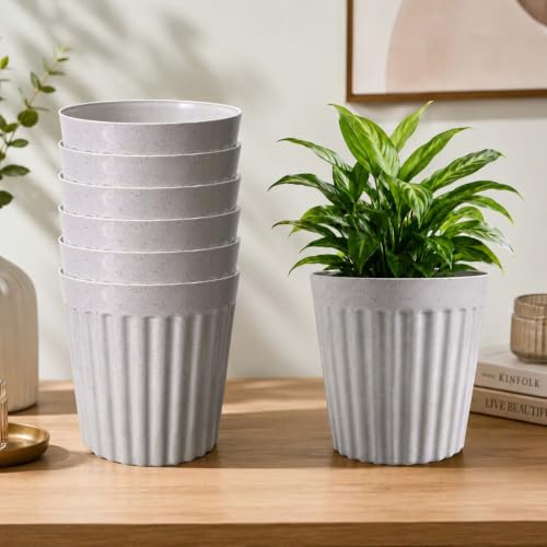 Image of Go Hooked Round Planter Pot (8Inch, Pack of 7) | White Marble Texture Stylish Modern Ribbed Design | Decorative Indoor Outdoor Plastic Flower Pots for Balcony, Living Room, Garden, Home & Office Decor