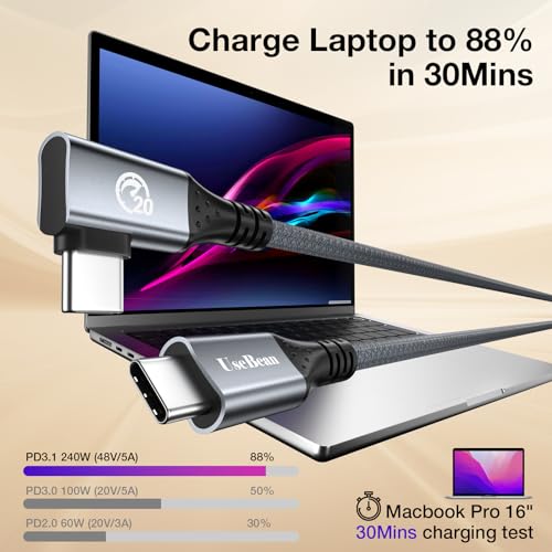 Right Angle USB C Cable 1ft, 12 inch 240W Short USBC to USBC 3.2 Gen 2X2 20Gbps Data Cable 4K Video Monitor Cord, PD 3.1 Type C Charging Cord for iPhone 16 17 Pro Max, MacBook, iPad, Galaxy S25 by UseBean - Image 6