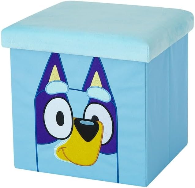 Bluey Collapsible Storage Ottoman Cube with Lid, Blue Plush Seat Storage Box Organizer for Kids Bedroom, Playroom, Closet & Living Room,15"x15"