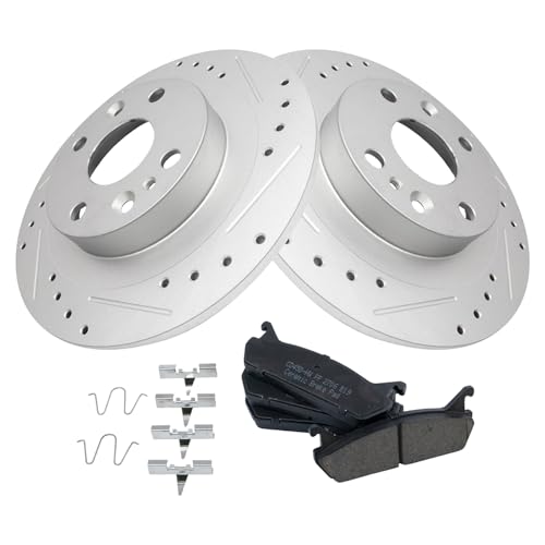 Image of TRQ Performance Rear Brake Pad and Rotor Set Ceramic Coated Drilled Slotted Rotors Compatible with 1991-1996 Ford Escort Mercury Tracer 1990-1994 Mazda Protege