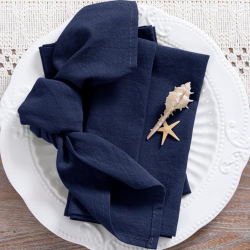 Image of Cotton Linen Napkins Set of 4 17 inchx17 inch Reusable Cloth Napkins Navy Blue