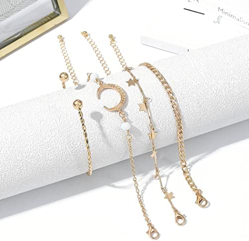 Branets Boho Layered Tassel Bracelets Set Gold Star&Moon Bracelet Beaded Hand Chain Jewelry Accessories for Women and Girls(4 pcs)