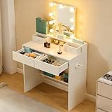 Karl home Dressing Table, Vanity Desk with Mirror, 3 Level Adjustable LED Light, 4 Drawers Storage Space, Upper and Lower Compartment Makeup Desk, White - Image 1