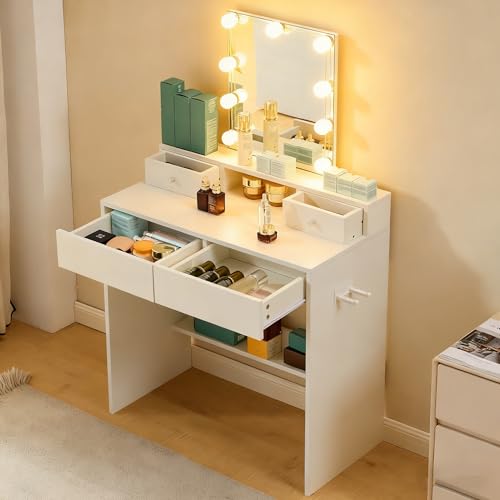 Karl home Dressing Table, Vanity Desk with Mirror, 3 Level Adjustable LED Light, 4 Drawers Storage Space, Upper and Lower Compartment Makeup Desk, White
