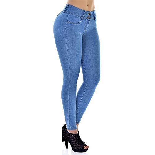 Ouduo Skinny Fit Jeans Vaqueros para Mujer, Moda Jean Elásticos Ajustados Pantalones de Mezclilla con Cintura Alta Pantalone hasta la Pantorrilla (Azul Claro,XL) Cover