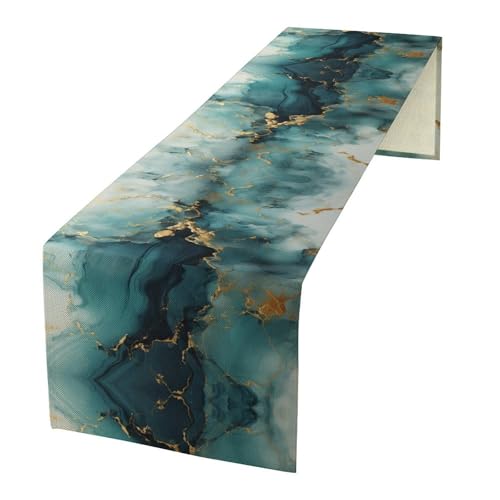 Teal White Gold Marble Table Runner, Teal White and Gold Abstract Texture Marble Pattern Print for Home Kitchen Table Decor Dining Coffee Room Party Decor 13x90in by PHTAYOT - Used condition - US$20.61