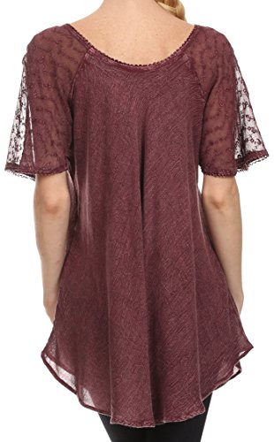Sakkas 15783 - Ellie Sequin Embroidered Cap Sleeve Scoop Neck Relaxed Fit Blouse - Burgandy - Osp #TOP1
