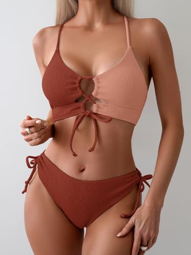 Image of B2prity Tie Bikini Top Set Sexy Push Up 2 Piece Swimsuit Color Block Bathing Suit Full Coverage Swimwear for Curvy Women