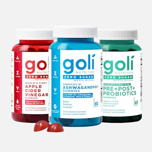Image of Goli Zero Sugar Gummies Trio | World's First 3-in-1 Pre+Post+Live Bacteria | Apple Cider Vinegar, Vitamin B12 & Live Bacteria | Ashwagandha, L-Theanine & Vitamin D | Vegan, Gluten-Free, Non-GMO