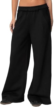 Pooyikoi Baggy Wide Leg Sweatpants Women Raw Hem Elastic Waist Oversized Sweatpants for Women Cotton Cozy Pants with Pockets