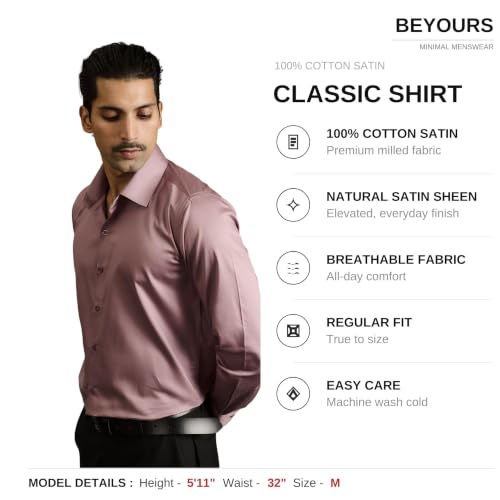 Image of BEYOURS Men's Full Sleeve Shirt Regular Fit Spread Collar 100% Cotton Satin Office & Formal.