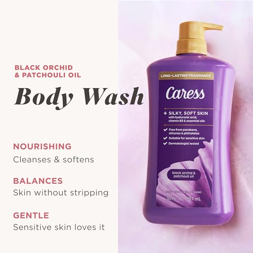 Image of Caress Black Orchid & Patchouli Oil Body Wash with Pump, Hyaluronic Acid & Vitamin B3 for Moisturized, Silky Soft Skin, Long-Lasting Exotic Fragrance, 30 fl oz (4 Pack)