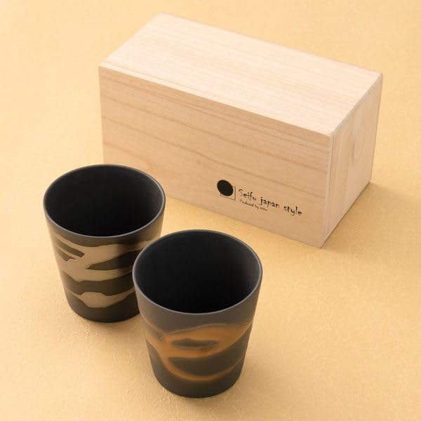 Made in Japan Ceramic Rock Cup Pair – 2×12oz Gold & Silver Swirl Design by Shigemichi Tabata | Handcrafted, Dishwasher Safe | Wooden Gift Boxed | Wedding, Birthday, Holiday Gift