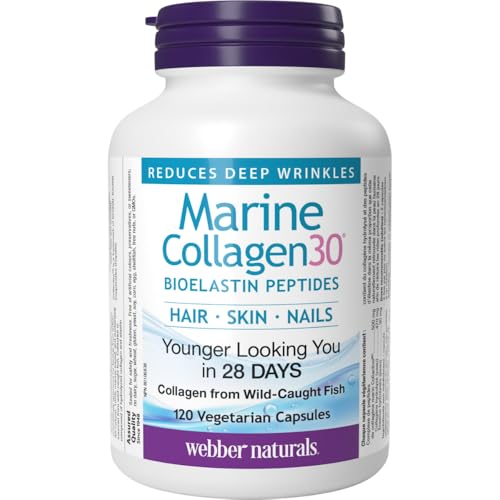 Webber Naturals Collagen30 Lot de 120 capsules de peptides de bioélastine marines, 500 mg de complexe de peptide de collagène marin collactif, aide à réduire les rides profondes et les douleurs articulaires
