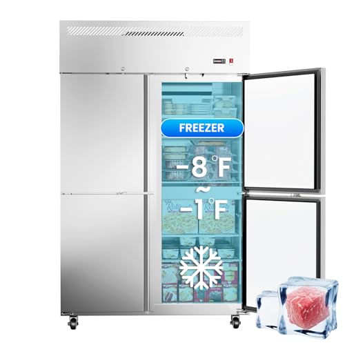 48W Commercial Freezer 4 Door Stainless Steel Reach-in Solid Door Upright Fan Cooling 36 Cu.ft 2 Section Freezer -8-1F for Restaurant Bar Shop