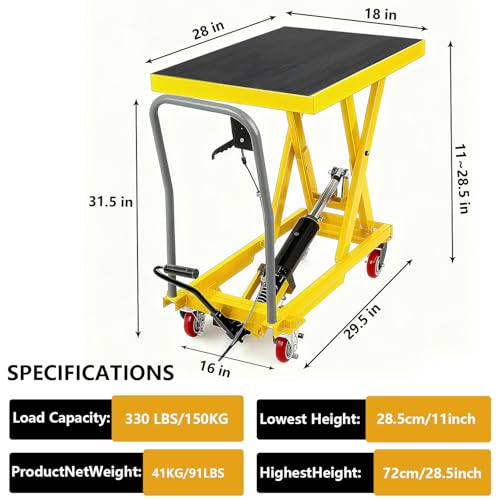 Image of GarveeTech Hydraulic Lift Table Cart, 330Lbs Load Capacity 28.5 Inch Lifting Height, Manual Single Scissor Lift Table with Non-Slip Pad and 4 Wheels,Hydraulic Scissor Cart (330lbs - Single - Yellow)
