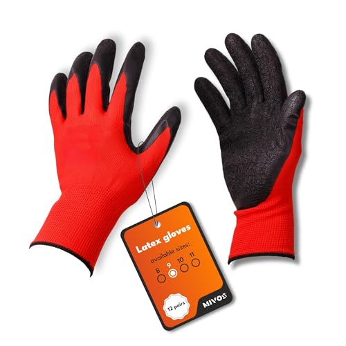 MIVOS Guantes de protección 12 pares - Talla 9 - Guantes de trabajo para hombre y mujer - Guantes con agarre óptimo - Guantes de látex para jardinería - Ideales para uso doméstico y profesional