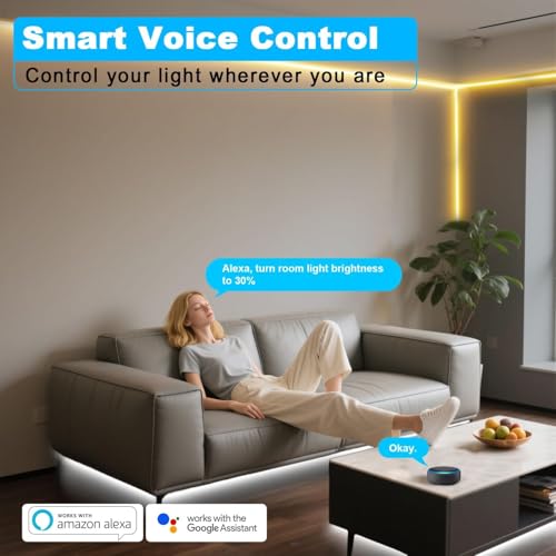Image of 66FT White LED Strip Lights 3000K-6500K Dimmable, Smart Strip Light Alexa Compatible, 24V WiFi Flexible Tape LED with APP & RF Remote, Cabinet Lighting Self-Adhesive for Room, Kitchen