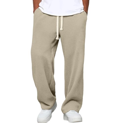 Waffle Knit Pants for Men Textured Drawstring Waist Straight Leg Track Pants Lounge Baggy Sweatpants with Pockets