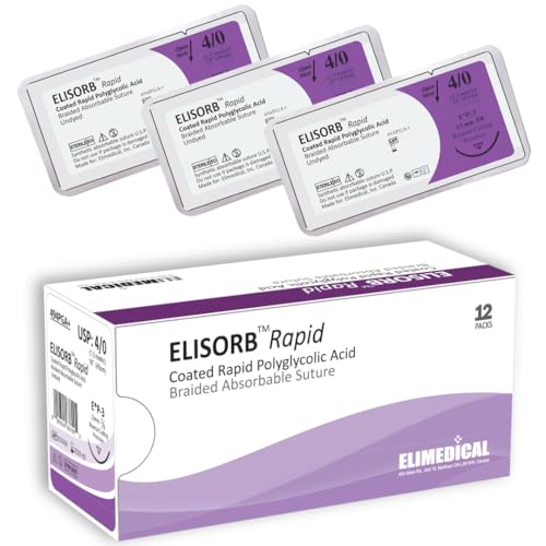 ELISORB Rapid Suture with Precision Reverse Cut Needle, 12 Pack. Sutures for Surgical Wound Training Students, Practice and Educational Use. Multifil Rapid Absorbable PGA 4/0 VQ UN, 18â€, P3, 494PGA+