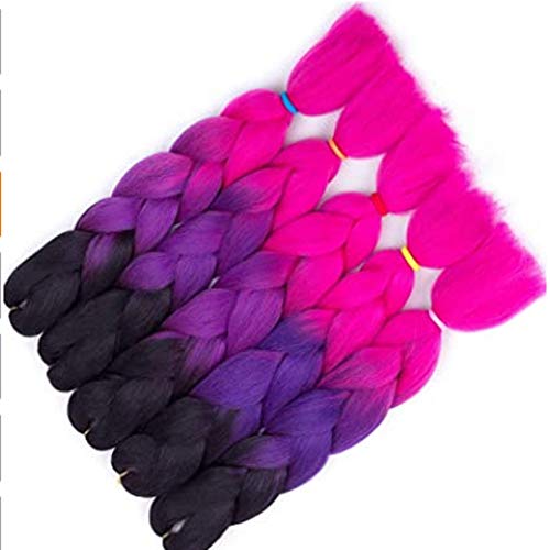 Jumbo Braiding Hair Extensions 24 Inch Ombre Synthetic Hair Crochet Braids Kanekalon Long Jumbo Braids For Box Twist Crochet Hair (black/purple/rose red)