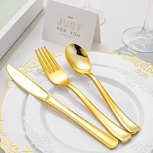 Lullaby 320Pcs Gold Plastic Silverware, Gold Disposable Silverware Include 120 Forks, 100 Spoons, 100 Knives, Gold Plastic Flatware, Gold Cutlery Set Disposable For Weddings, Party And Daily Use #TOP6