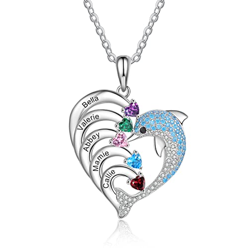 ALBERTBAND Collana personalizzata delfino a forma di cuore con 2-8 nomi con ciondolo inciso Birthstone per le donne Collana con promessa di famiglia per gioielli di San Valentino (5 nomi)