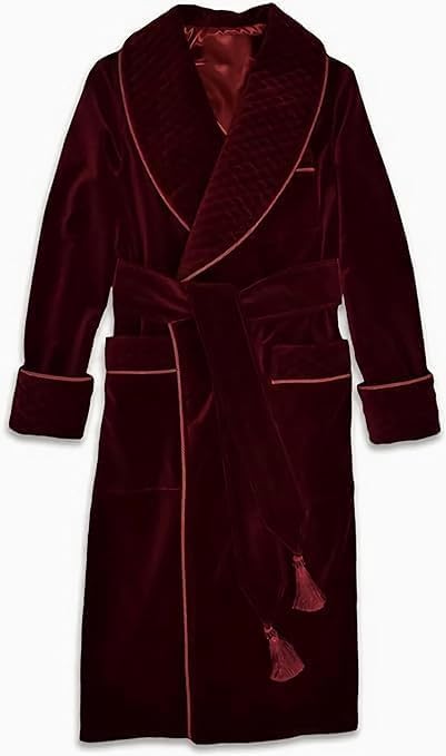 Men's Long Maroon Smoking Jacket Velvet Dressing Gown Coat Robes Quilted Evening Robes Coat
