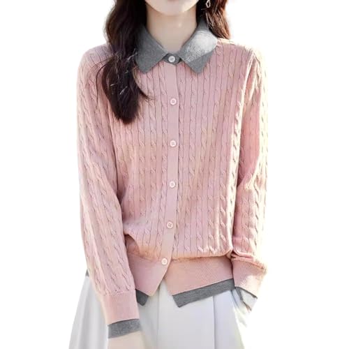 [Bidason] カーディガン レディース 長袖 ニット トップス 襟付き バイカラー 切り替え ケーブル編み 上品 柔らか 暖かい 伸縮性 着回し 前開きボタン 着痩せ セーター 普段着 通勤 秋 冬のサムネイル