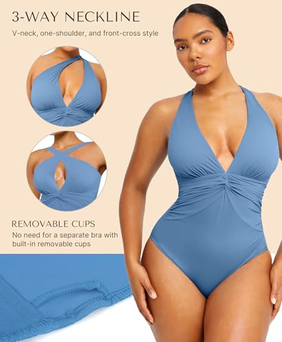 Image of SHAPELLX Women's One Piece Swimsuit Tummy Control Ruched Full Coverage Bathing Suit V Neck Slimming Swimwear
