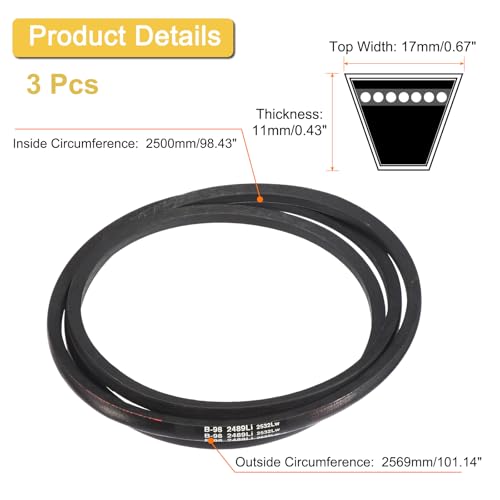 Image of uxcell 3 Pack B98 Classic Wrapped V-Belt, 101 inch Outside Circumference Wrapped Industrial Rubber V-Belt B Profile V-Belt for Industrial Machinery Equipment, Black
