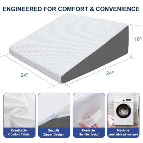 Image of Wedge Pillow for Sleeping, 10 inch Memory Foam Bed Wedge with Dual Layer Foam