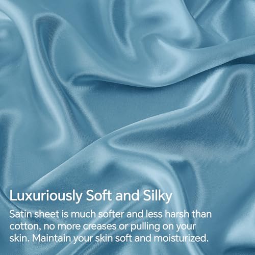 BEDELITE Satin Fitted Sheet and Pillowcases Set, Luxury Soft Similar to Silk Bottom Bedsheet with Elastic Corner Straps, Deep Pocket up to 15 Inch, 1 Fitted Sheet and 2 Pillowcases(King, Airy Blue)