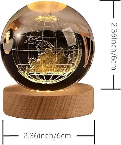 Image of 3D Globe Crystal Ball LED Night Lamp, Creative Engraved Night Light with Wooden Base, Warm White Decorative Table Lamp for Home, Bedroom, Kids Room, Gift (Globe)