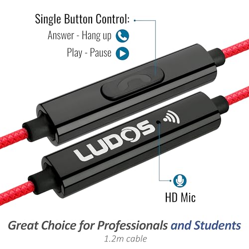 Image of LUDOS Clamor Wired Earbuds in-Ear Headphones, 5 Years Warranty, Earphones with Microphone, Noise Isolating Ear Buds, Memory Foam for iPhone, Samsung, School Students, Kids, Women, Small Ears - Red