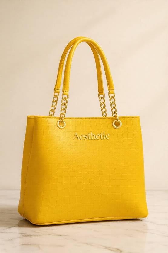 Image of Women's Structured Handbag | Premium Croc-Texture Tote Bag with Chain Handle | Stylish Office & Daily Use Ladies Shoulder Bag