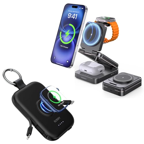 RORRY 3 in 1 Portable Charger for Apple, 5000mAh Power Bank with Built-in Cables& 5000mAh Foldable Charging Station