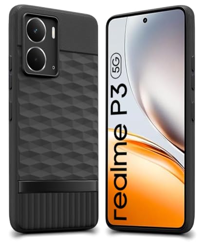 Image of WOW IMAGINE Back Cover for Realme P3 5G with Hexa Cube Design | Ultra Slim Soft Rubberised Case | Inner Velvet Fabric | Matte Silicone Flexible Mobile Case | Camera Protection - Black