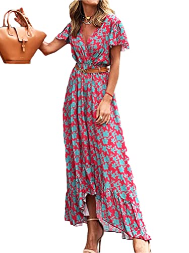 ticticlily Vestido Mujer Verano Sexy Elegante Largo Maxi Estampado Boho Floral Vestidos Casuale Fiesta Viajes Vestido Manga Corta Cuello V Vestidos sin Manga de Playa H Rojo L Cover